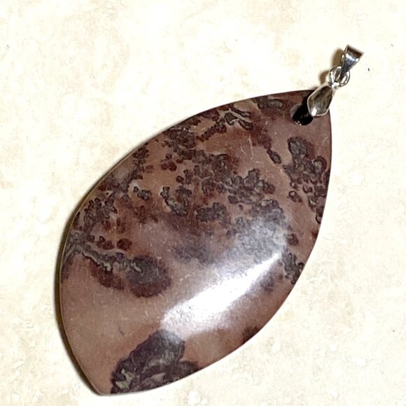 Leaf Shape Cherry Blossom Dendritic Jasper Pendant, Large Genuine Gemstone - Picture 2 of 11